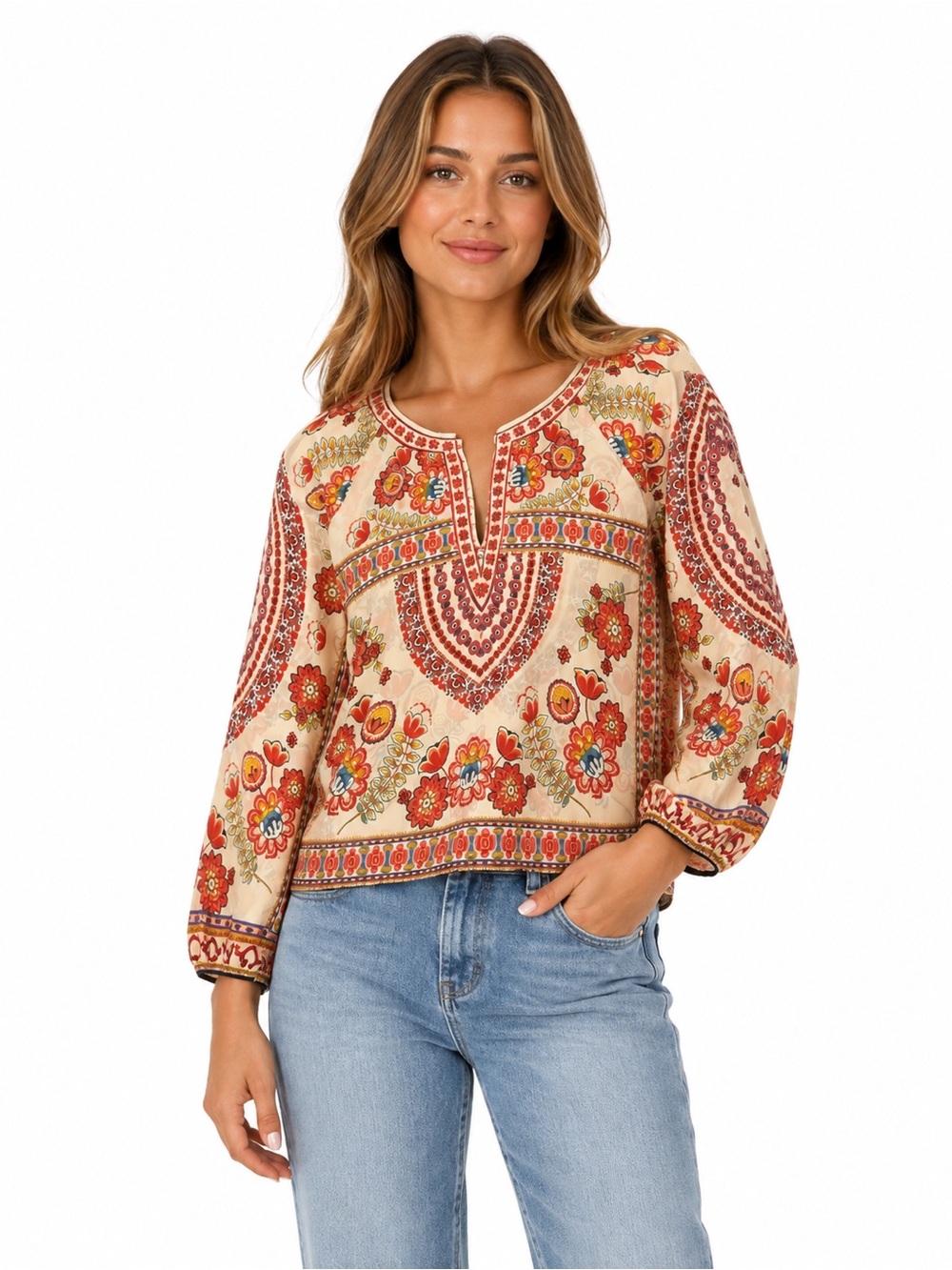 Flying Tomato Cream Peasant Tunic with Red & Orange Floral Embroidery
